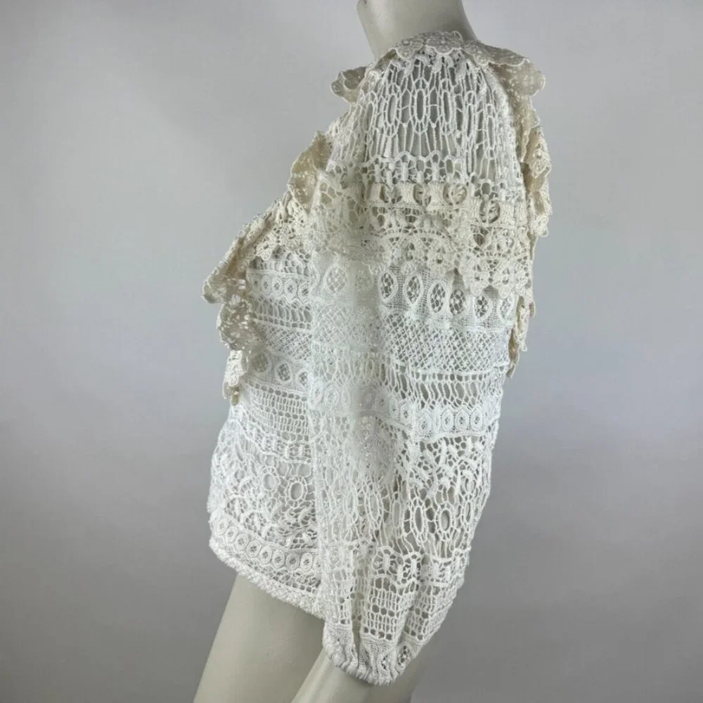 Anthropologie Seen Serena Lace Ruffle Blouse Top Women S 3/4 Sleeve Lined Cotton